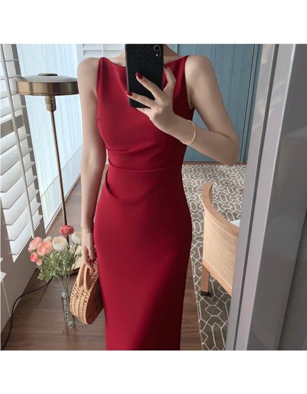 Summer New French Vintage Hepburn Dress Off the Shoulder Sleeveless Long Dress Slim Hepburn Dress 