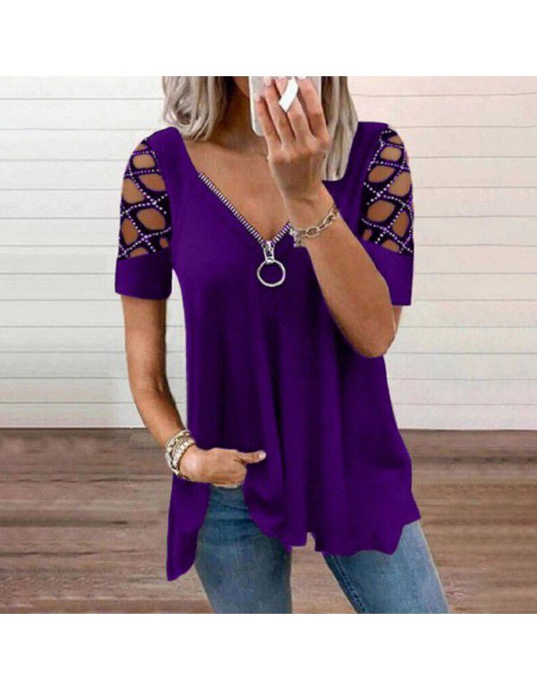 Fashion V-neck Solid Cut Out Short Sleeve Hot Diamond Casual Top