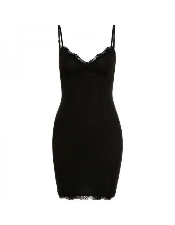 New Summer Pure Desire Black Strap Dress with Lace Edge Design Draws Waist to Show Thin Wrap Hip Short Skirt