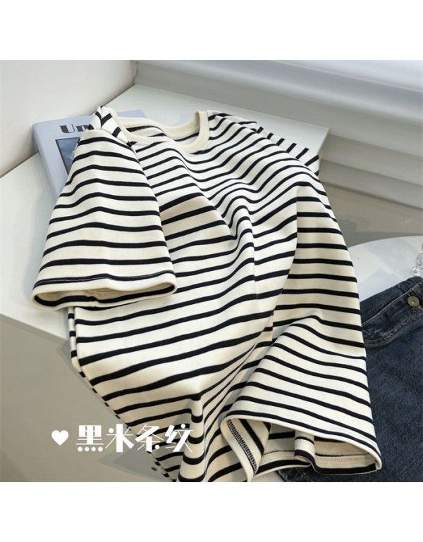 Brushed Stripe Round Neck Short Sleeve T-shirt Women's Spring Loose Beige Apricot Stripe Bottom Top 