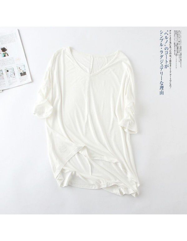 Spring and summer new Modal bat sleeve medium sleeve t-shirt women's casual Korean V-neck solid color large half sleeve bottom shirt 