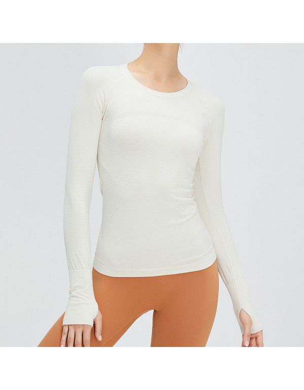 Cross-border new fitness top women's long-sleeved seamless elastic knitting sports T-shirt solid color round neck lulu yoga suit 