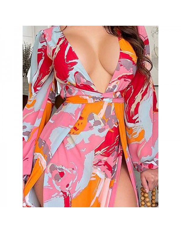 Fashion long-sleeved printed European and American women's split fashion dress casual deep V personality skirt 