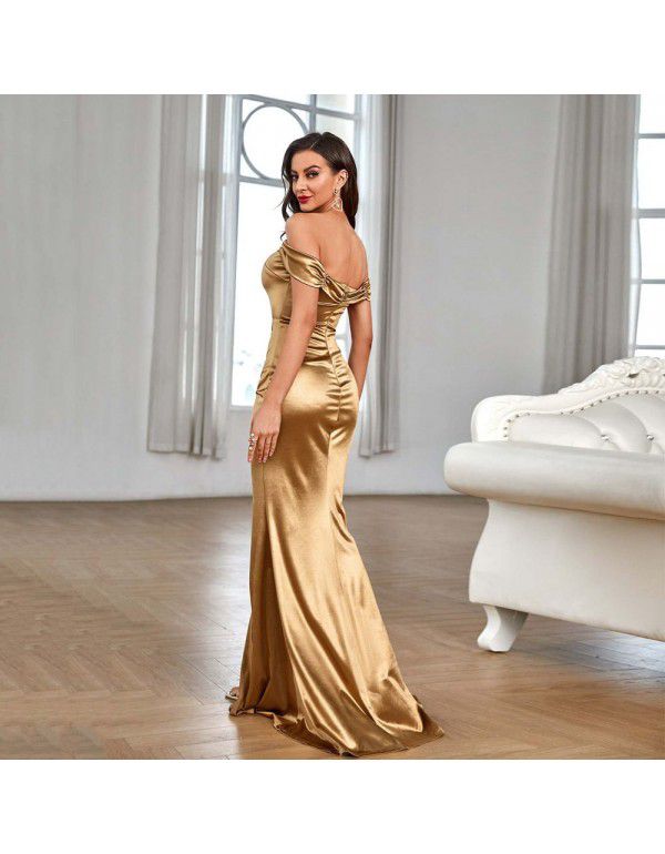 Fashion Premium Off Shoulder Tinted Split Evening Dress Bridesmaid Dress Long Dress