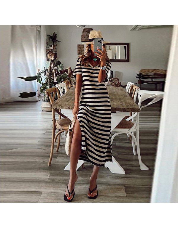 Black stripe printed V-neck floor length skirt Women's side slit casual home skirt