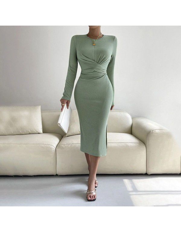 European and American Women's New Round Neck Slim Fit Wrap Hip Midlength Dress Long Sleeve Dress