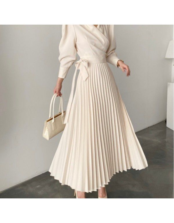 New lapel side bow tie waist show thin bubble sleeve pleated dress 