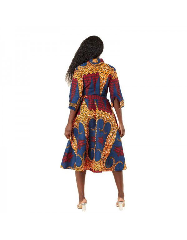 African Fashion Women's Long Sleeve Printed Shirt Dress Small Autumn Shirt Loose Mom's Dress