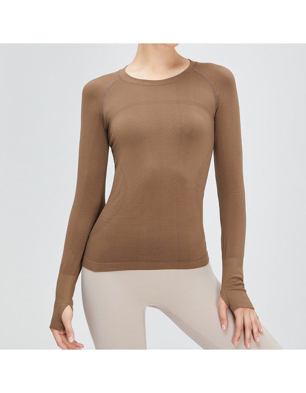 Cross-border new fitness top women's long-sleeved seamless elastic knitting sports T-shirt solid color round neck lulu yoga suit 