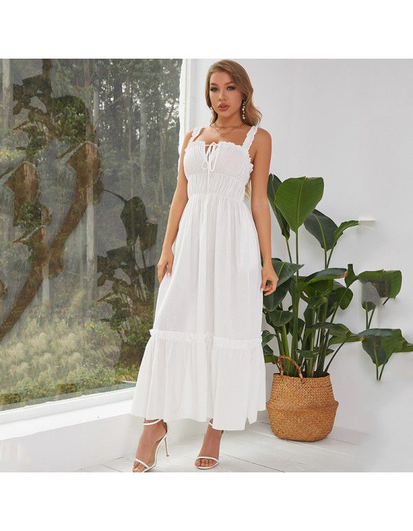 Summer Women's Fashion Leisure Vacation Wooden Ear Edge Long Dress Lace up Pressed pleat Pull up Large Swing Dress 