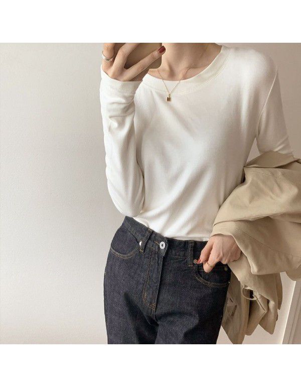 Double-sided German velvet bottom shirt Women's wear with 2023 autumn and winter brushed long sleeve T-shirt Women's Korean version white round neck top 