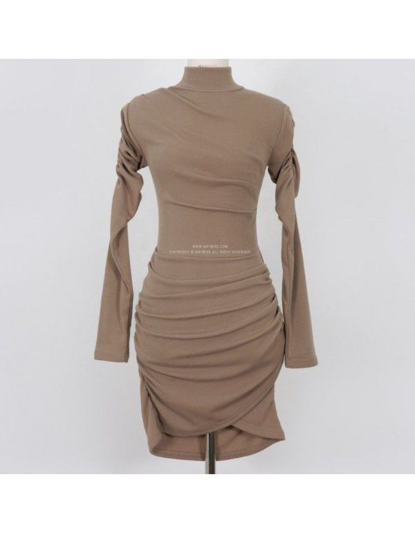 Korea Dongmen Korean Version Slim Fit Wrinkled High Waist Wrapped Hip Skirt High Neck Long Sleeve Bottom Dress