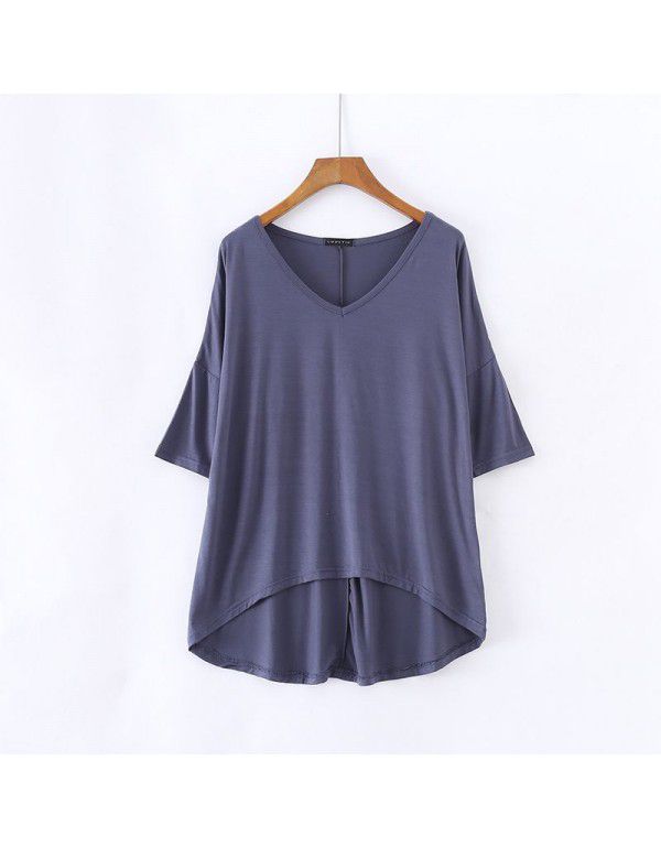 Spring and summer new Modal bat sleeve medium sleeve t-shirt women's casual Korean V-neck solid color large half sleeve bottom shirt 