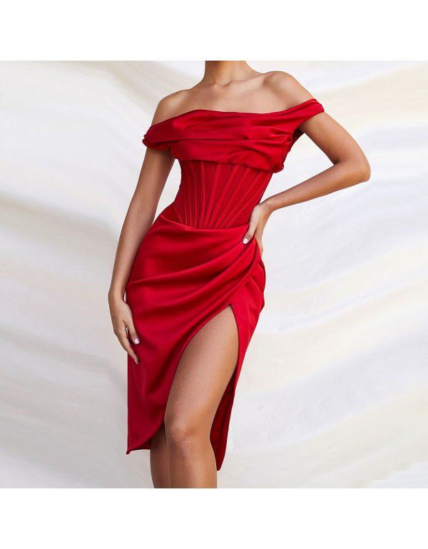 Women's diagonal shoulder fishbone pleated backless tight split panel sexy temperament dress 