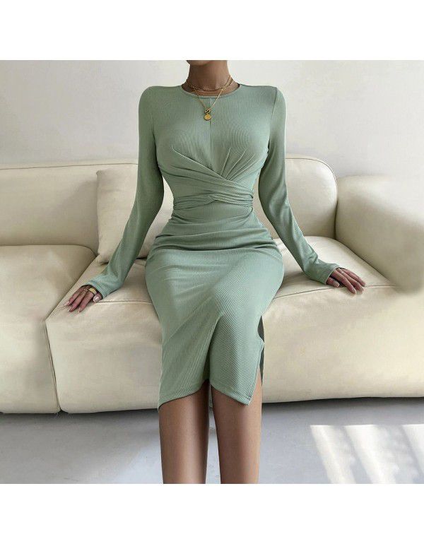 European and American Women's New Round Neck Slim Fit Wrap Hip Midlength Dress Long Sleeve Dress