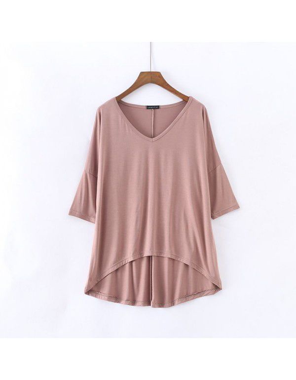 Spring and summer new Modal bat sleeve medium sleeve t-shirt women's casual Korean V-neck solid color large half sleeve bottom shirt 