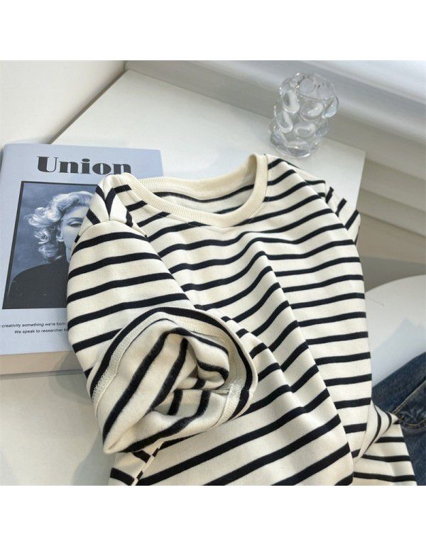 Brushed Stripe Round Neck Short Sleeve T-shirt Wom...