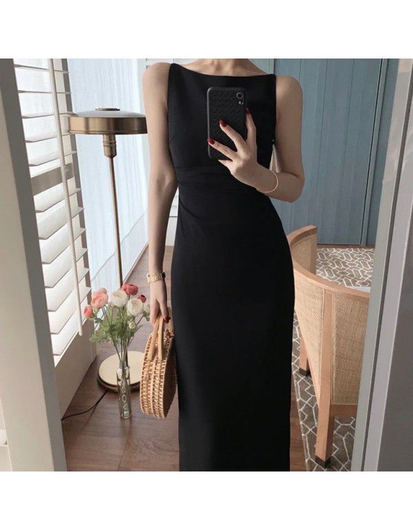 Summer New French Vintage Hepburn Dress Off the Shoulder Sleeveless Long Dress Slim Hepburn Dress 