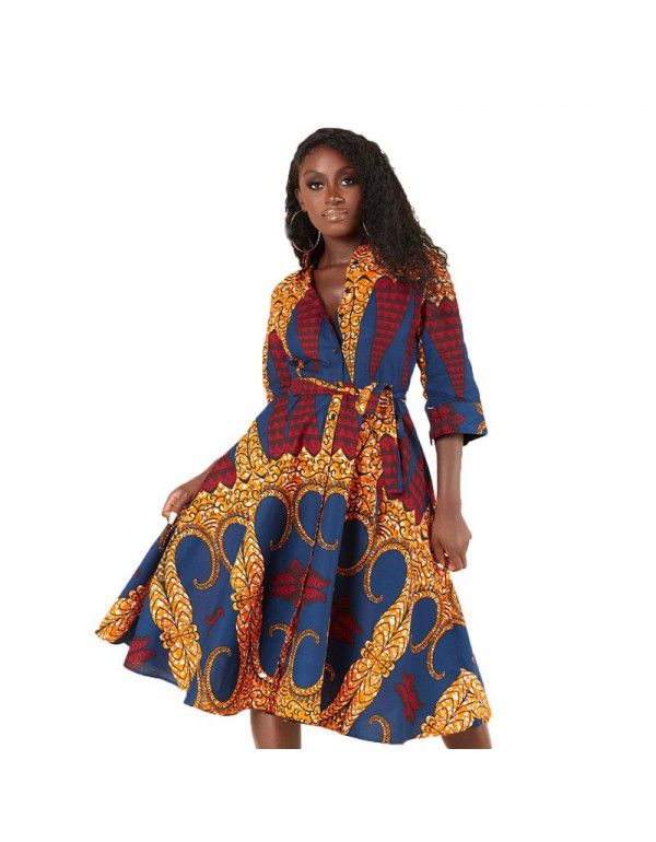 African Fashion Women's Long Sleeve Printed Shirt Dress Small Autumn Shirt Loose Mom's Dress