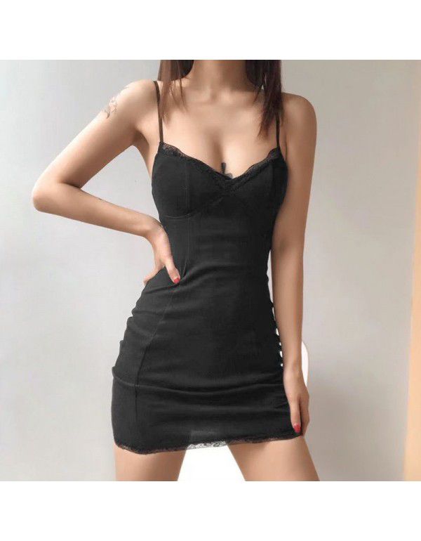 New Summer Pure Desire Black Strap Dress with Lace Edge Design Draws Waist to Show Thin Wrap Hip Short Skirt