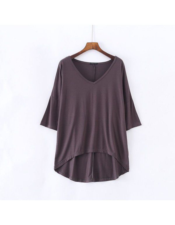 Spring and summer new Modal bat sleeve medium sleeve t-shirt women's casual Korean V-neck solid color large half sleeve bottom shirt 