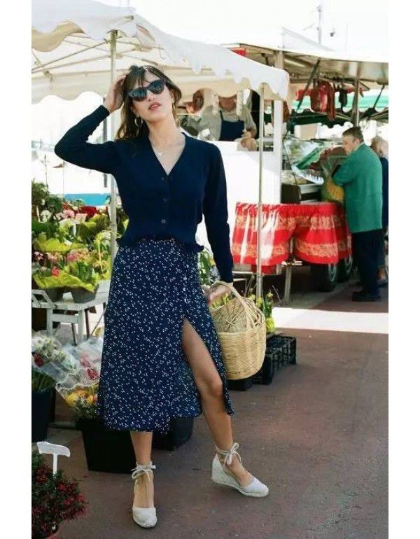 Summer New French Wrap Skirt Retro Wind Dot Print Skirt Side Split Button Mid Length Skirt