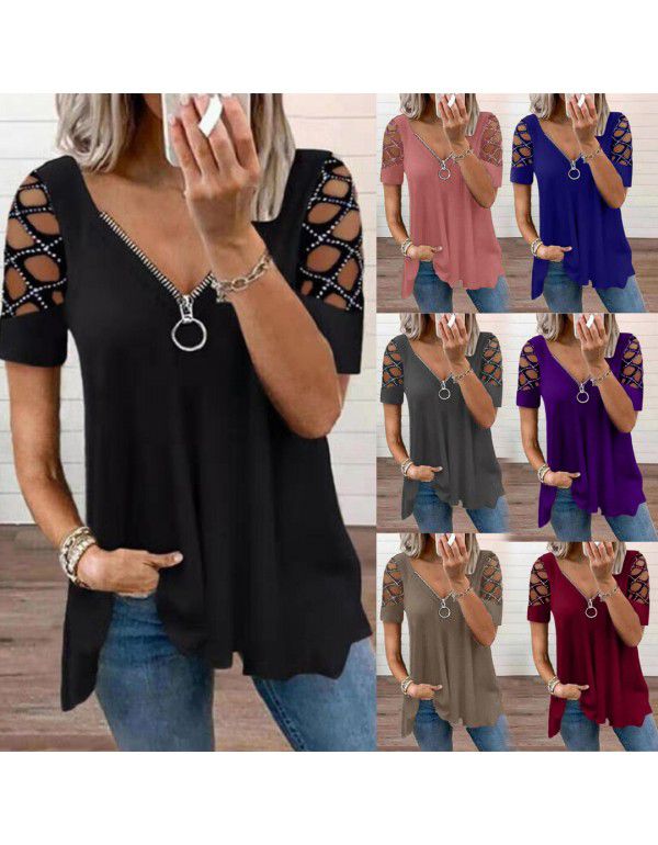 Fashion V-neck Solid Cut Out Short Sleeve Hot Diamond Casual Top