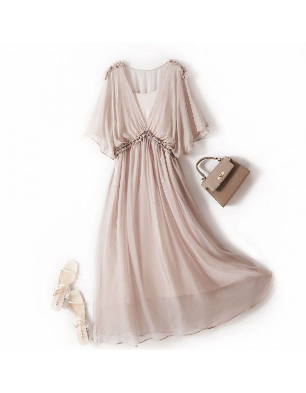 Women's Silk Dress Solid Color Simple Atmosphere S...