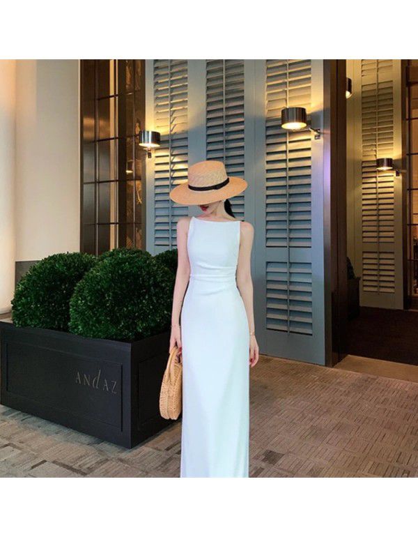 Summer New French Vintage Hepburn Dress Off the Shoulder Sleeveless Long Dress Slim Hepburn Dress 