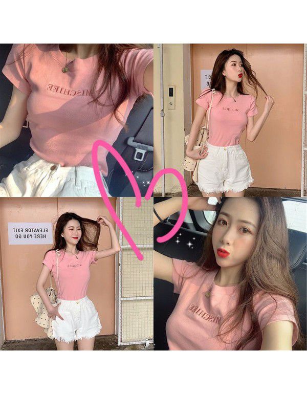 Letter Embroidery 2021 Summer South Korea New Short Sleeve T-shirt Female Slim Student Clothing Female Top Women's Clothing Wholesale 