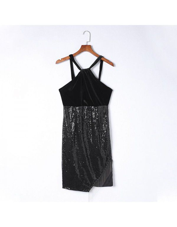 Shiying High Waist Wrapped Hip Dress Dress Autumn New Solid Color Waist Slim Sequin Tassel Sleeveless Dress