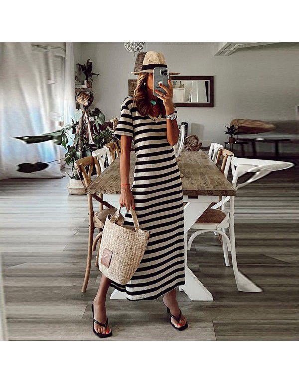 Black stripe printed V-neck floor length skirt Women's side slit casual home skirt