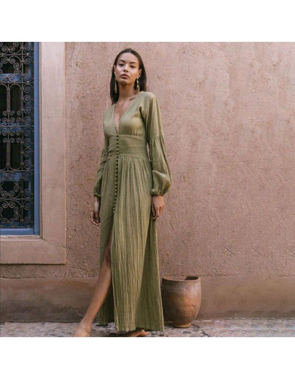 New French Vintage V-Neck Long Dress Tunneled Waist Pleated Loose Fit Long Sleeve Autumn Dress Autumn