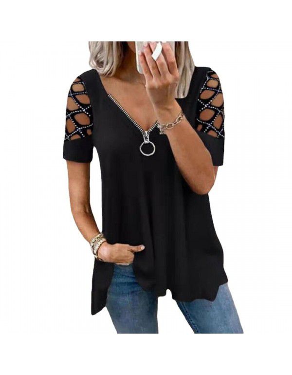 Fashion V-neck Solid Cut Out Short Sleeve Hot Diamond Casual Top