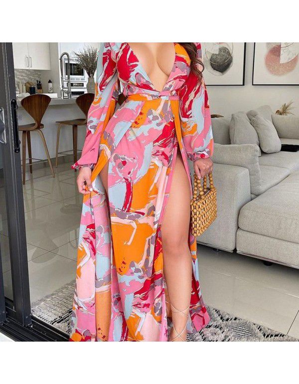 Fashion long-sleeved printed European and American women's split fashion dress casual deep V personality skirt 