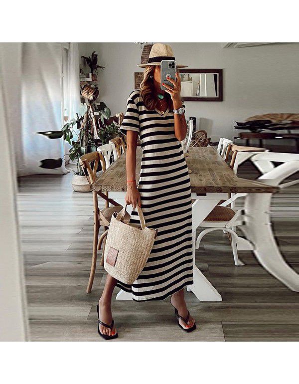 Black stripe printed V-neck floor length skirt Women's side slit casual home skirt