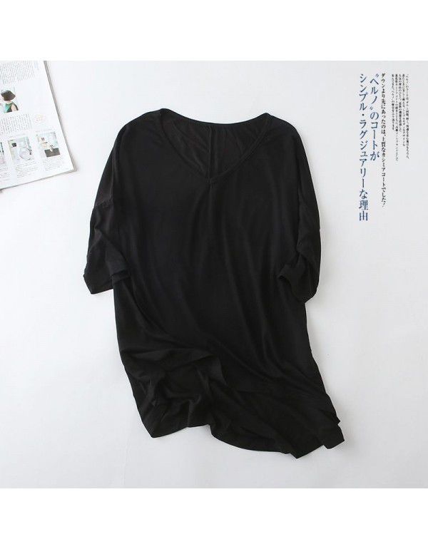 Spring and summer new Modal bat sleeve medium sleeve t-shirt women's casual Korean V-neck solid color large half sleeve bottom shirt 