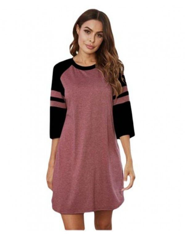 European and American women's dress patchwork color contrast round neck household clothes pajamas 