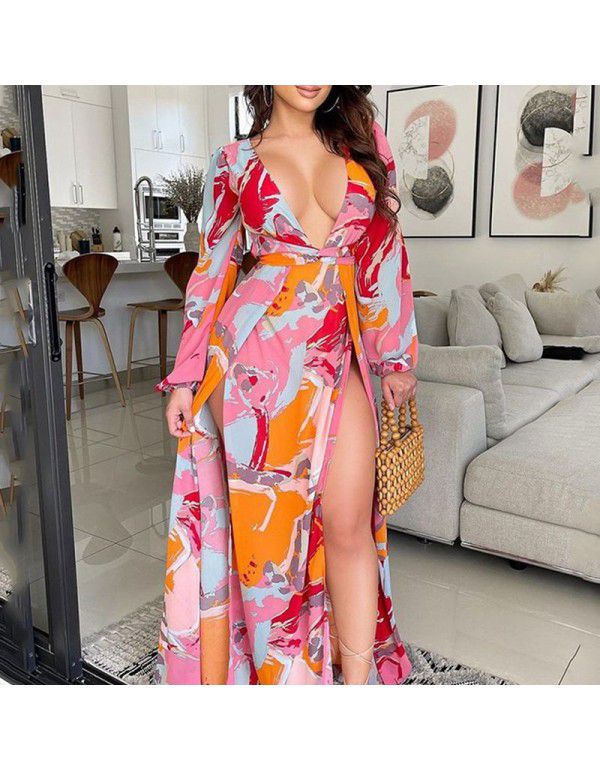 Fashion long-sleeved printed European and American women's split fashion dress casual deep V personality skirt 