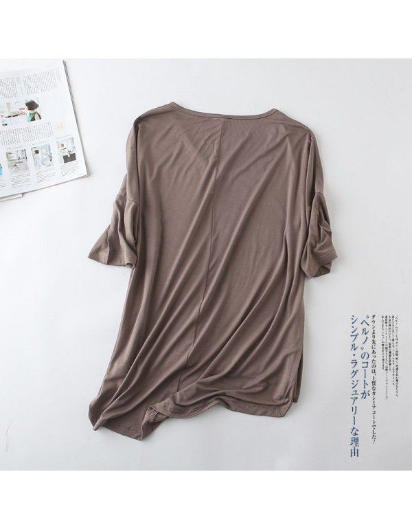 Spring and summer new Modal bat sleeve medium sleeve t-shirt women's casual Korean V-neck solid color large half sleeve bottom shirt 