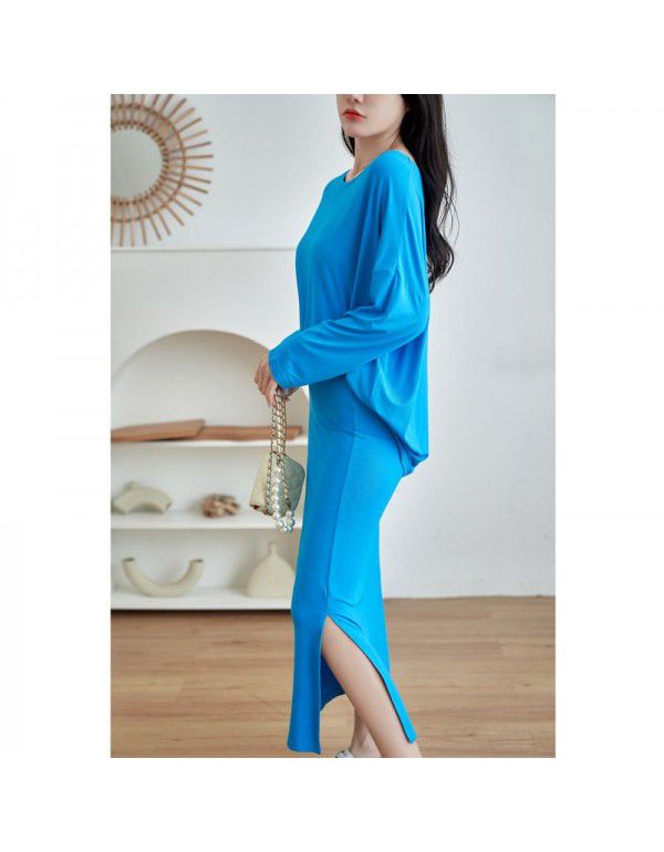 Korean style loose cover meat show thin bat sleeve T-shirt with buttock split high waist skirt show thin dress set 