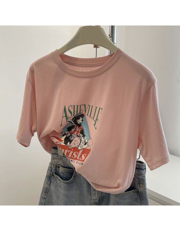 Age reducing pink cartoon letter printing T-shirt female! Summer thin slim round neck washed cotton casual short sleeve top 