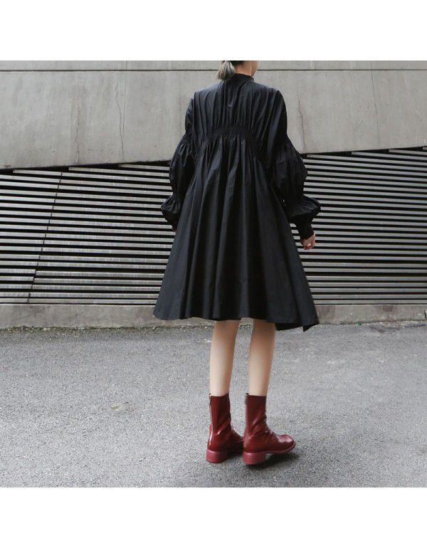 Loose personality pleated shirt skirt fashion new fashion stand collar lantern sleeve solid color irregular dress women 