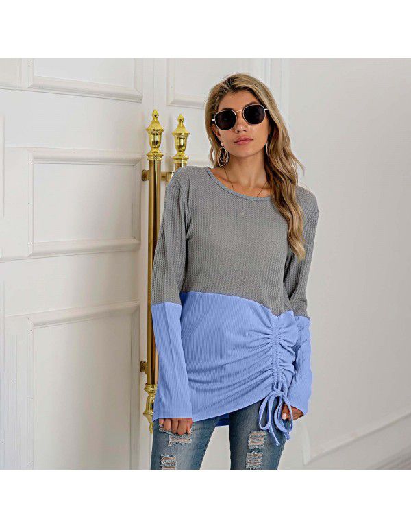 Hot Selling New European and American Products Splice Knitwear Drawcord Round Neck Versatile Sweater Women's Large