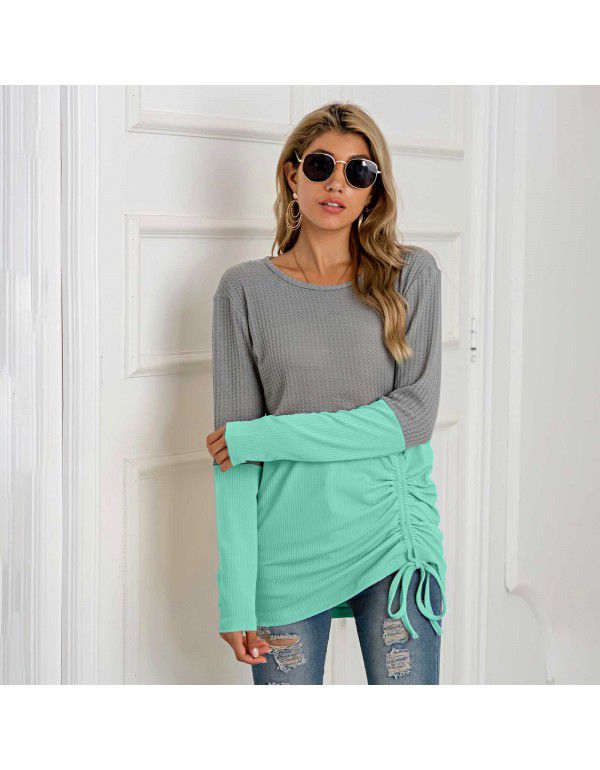 Hot Selling New European and American Products Splice Knitwear Drawcord Round Neck Versatile Sweater Women's Large