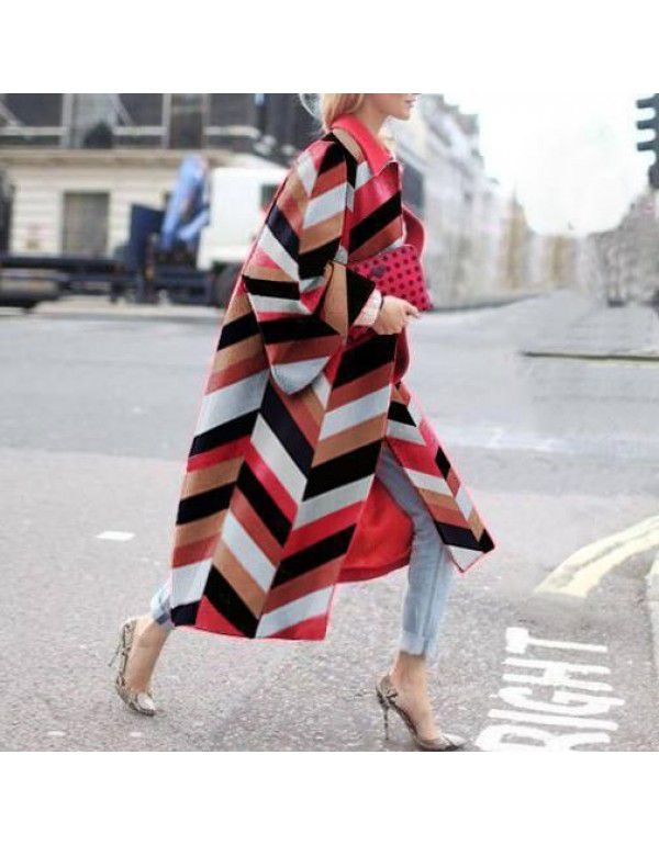 Long flared sleeve outerwear printed loose windbreaker for women