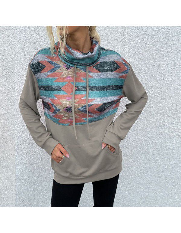 Autumn and Winter New European and American Women's Dress Stacked Collar Pullover Fashion Print Color Matching Women's Sweater Women