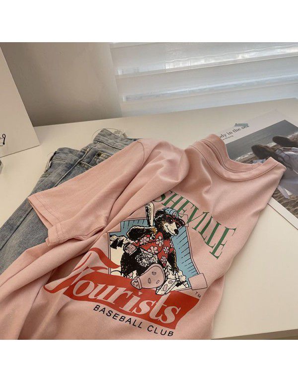 Age reducing pink cartoon letter printing T-shirt female! Summer thin slim round neck washed cotton casual short sleeve top 