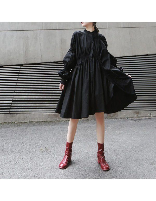 Loose personality pleated shirt skirt fashion new fashion stand collar lantern sleeve solid color irregular dress women 