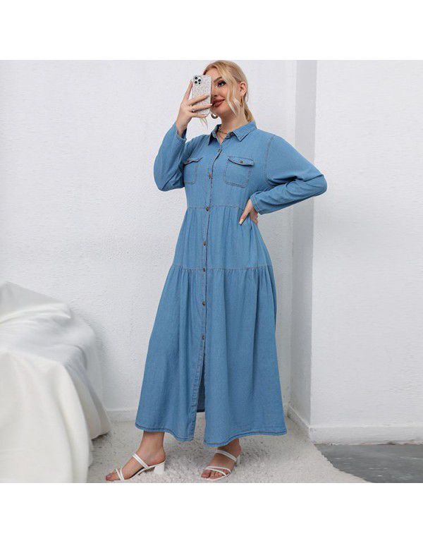 High Waist Blue Denim Long Dress Cardigan Temperament Commuter Large Women's Denim